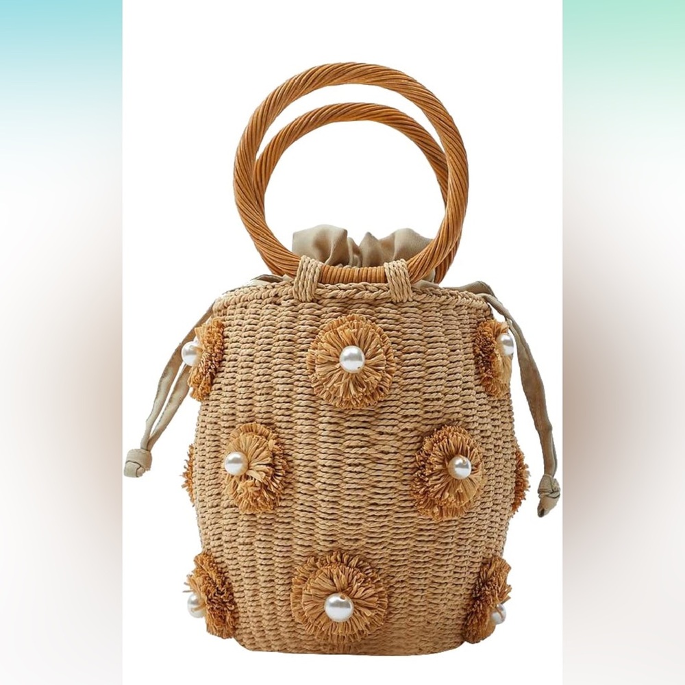 Flower Pearls Rattan Tote Summer Beach Drawstring Straw Bucket Diamonds Woven